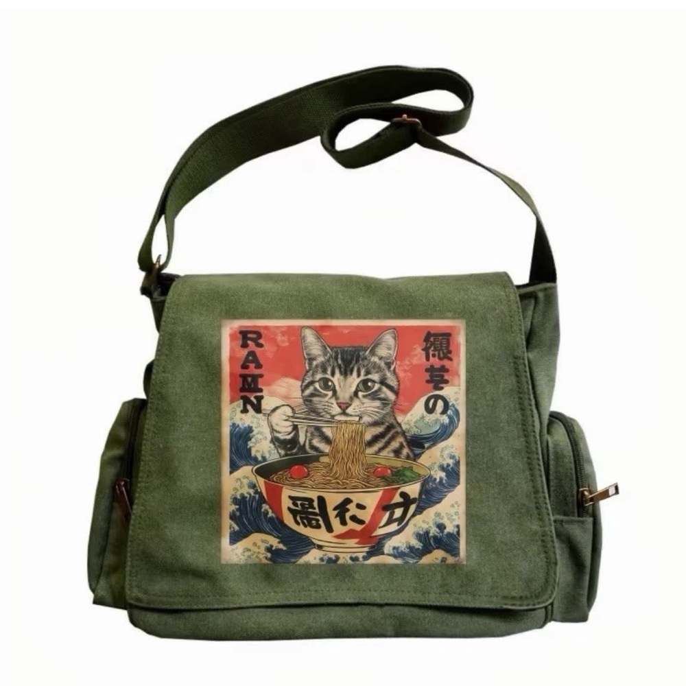 Vintage Japanese Cat Eating RAMN Messenger Bag Army Green w/Adjustable Strap